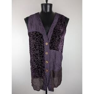 Vintage URU One Size purple mixed fabric vest tunic length button front rayon